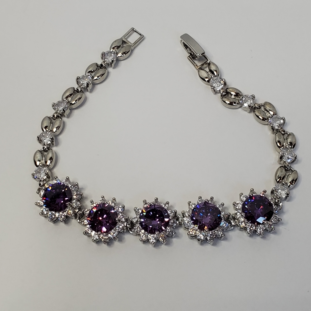 White Gold Plated Purple Round Glass Crystal Link Bracelet